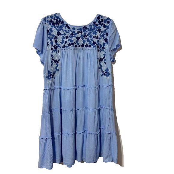 J. Marie Womens Blue Floral Embroidered Tiered Fit & Flare Dress Size Medium - Picture 2 of 9